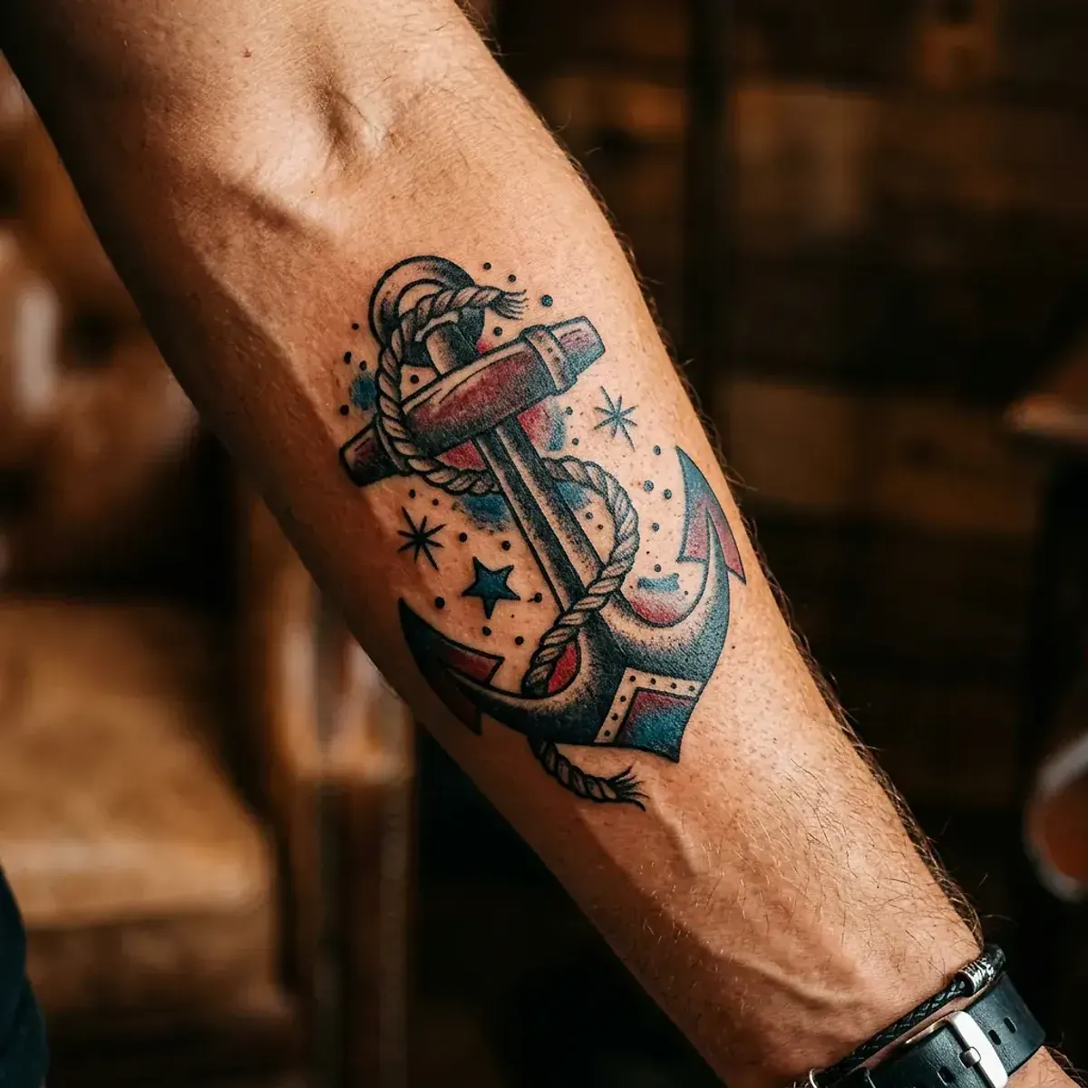 Traditional anchor tattoo with rope on forearm, nautical style