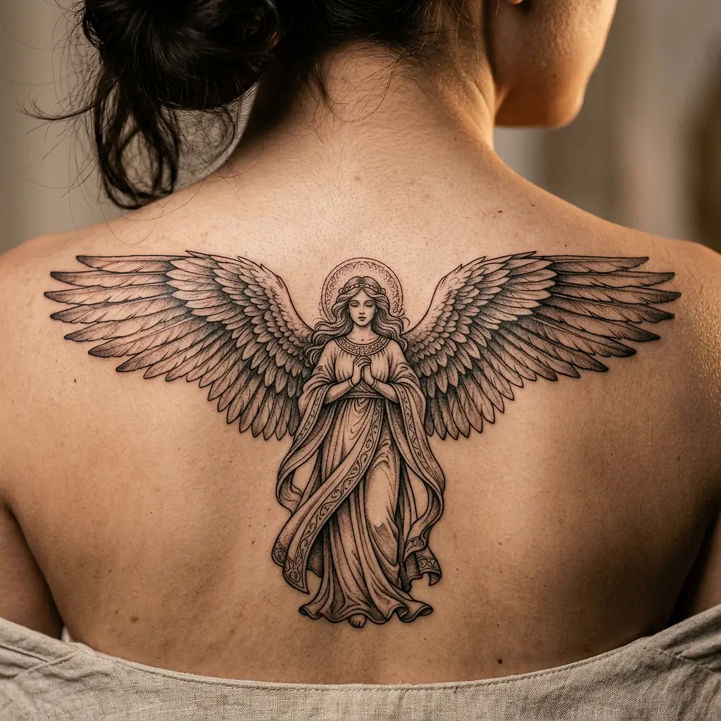 Guardian angel tattoo with outstretched wings on the back