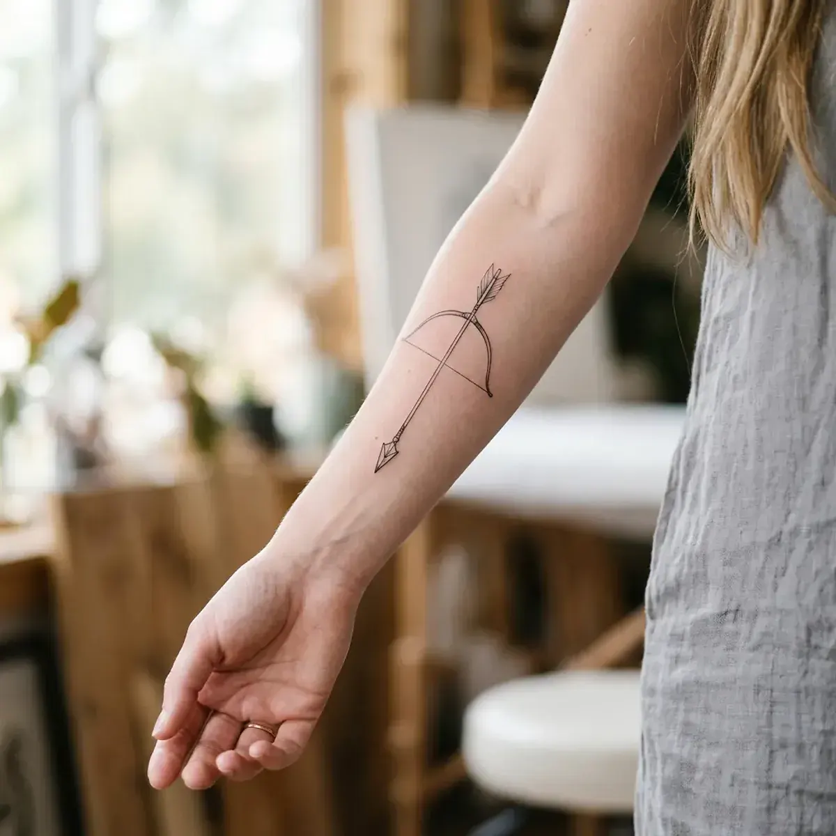 Fine-line arrow tattoo drawn back in tension on inner forearm