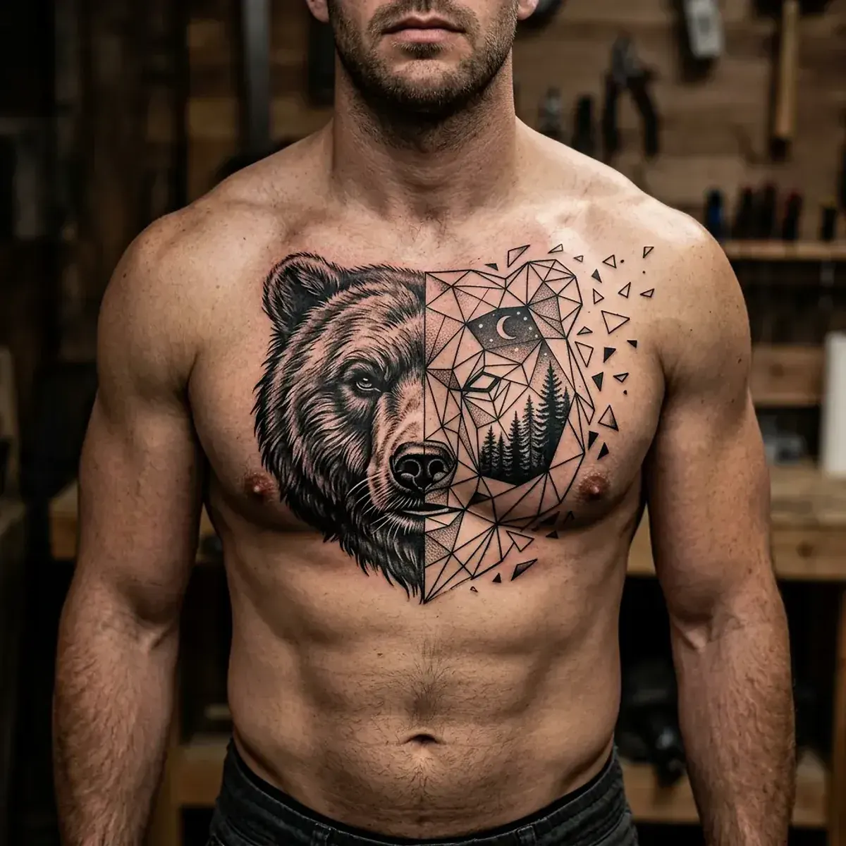 Geometric bear head tattoo, half detailed half polygon on chest