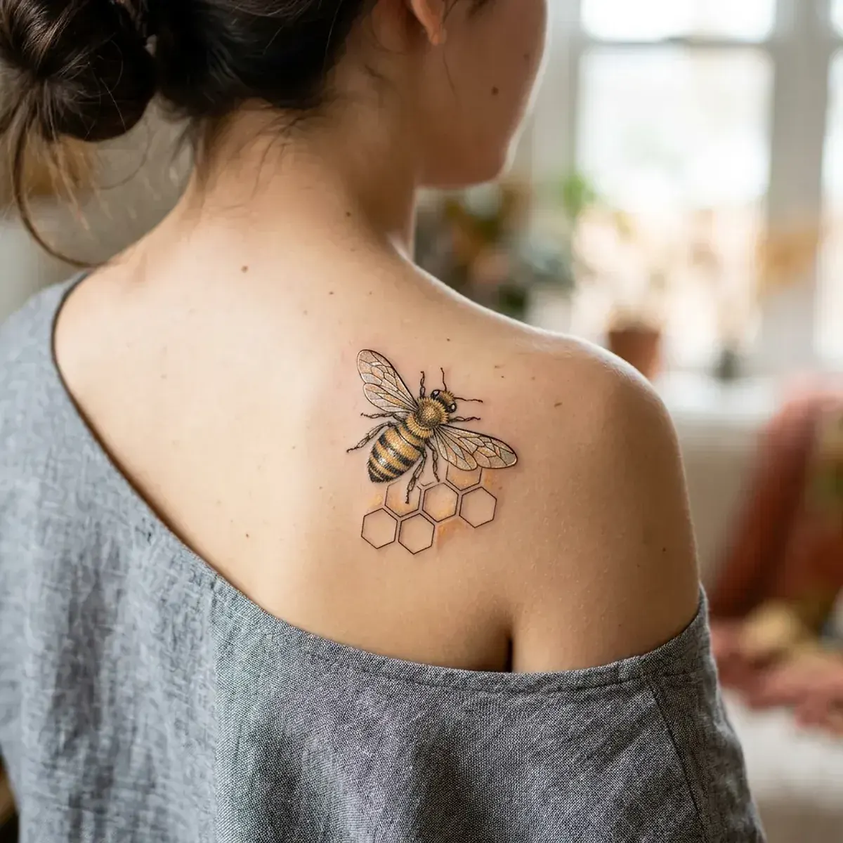 Honeybee tattoo with translucent wings on shoulder blade