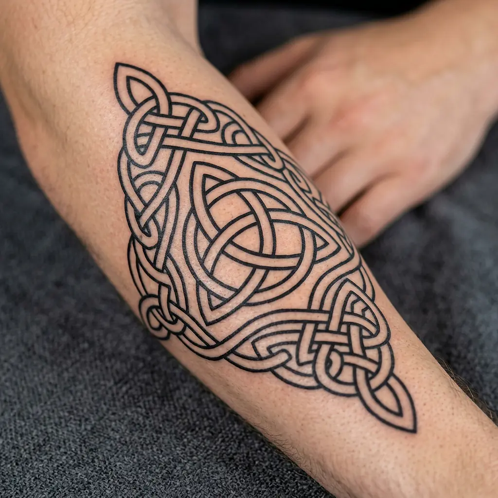 Celtic knot interlace tattoo in blackwork on forearm