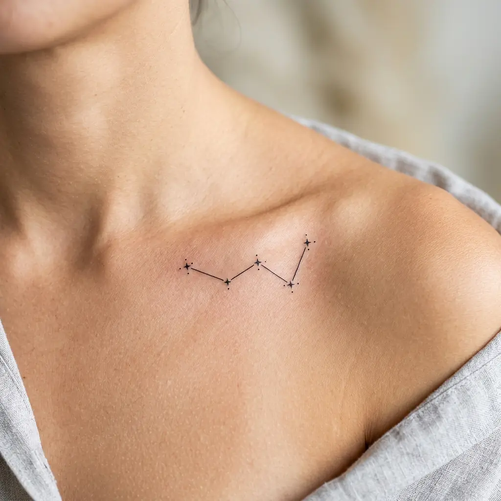Fine-line constellation tattoo with connected stars along the collarbone