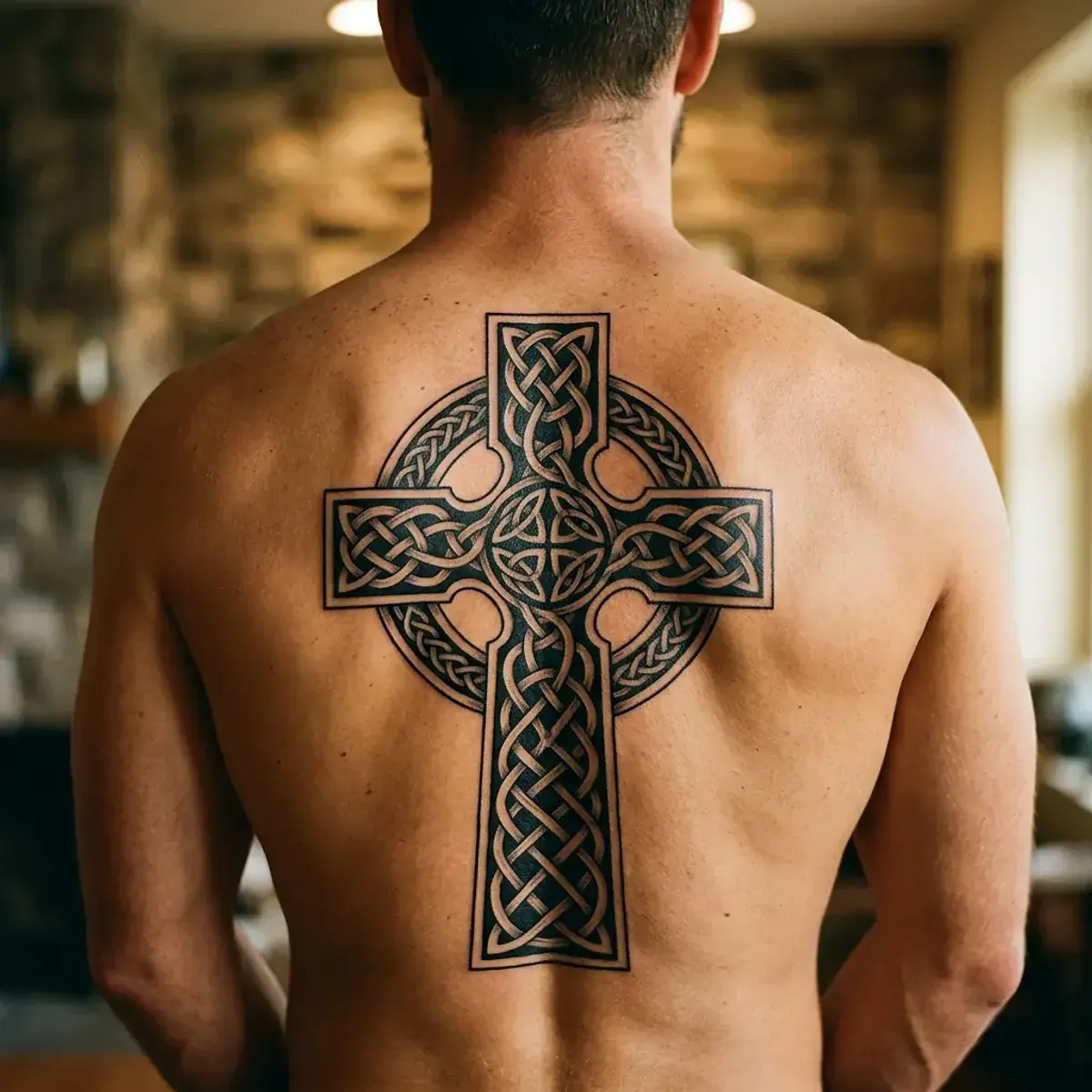 Celtic cross tattoo with intricate knotwork on upper back