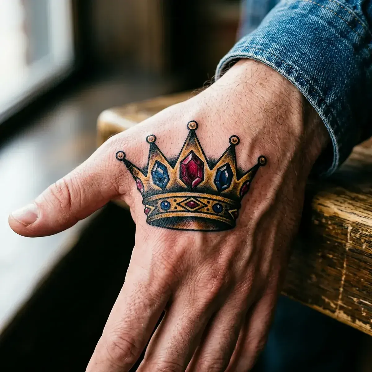 American Traditional crown tattoo with jewel accents on hand