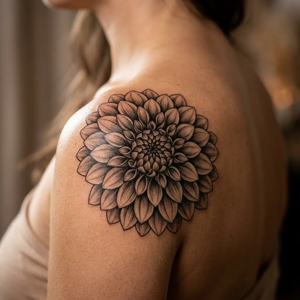 Detailed black and grey dahlia tattoo on the shoulder