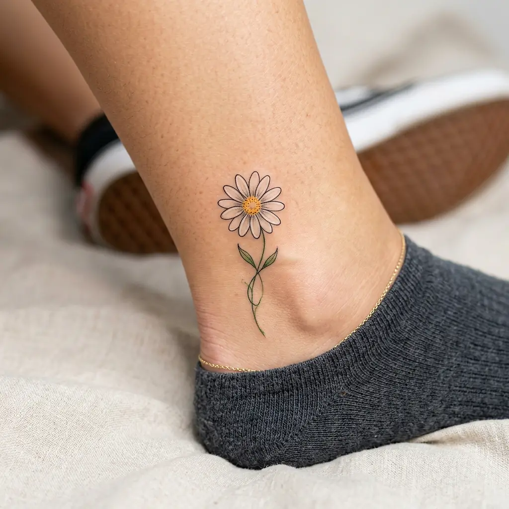 Minimalist white daisy tattoo on the wrist
