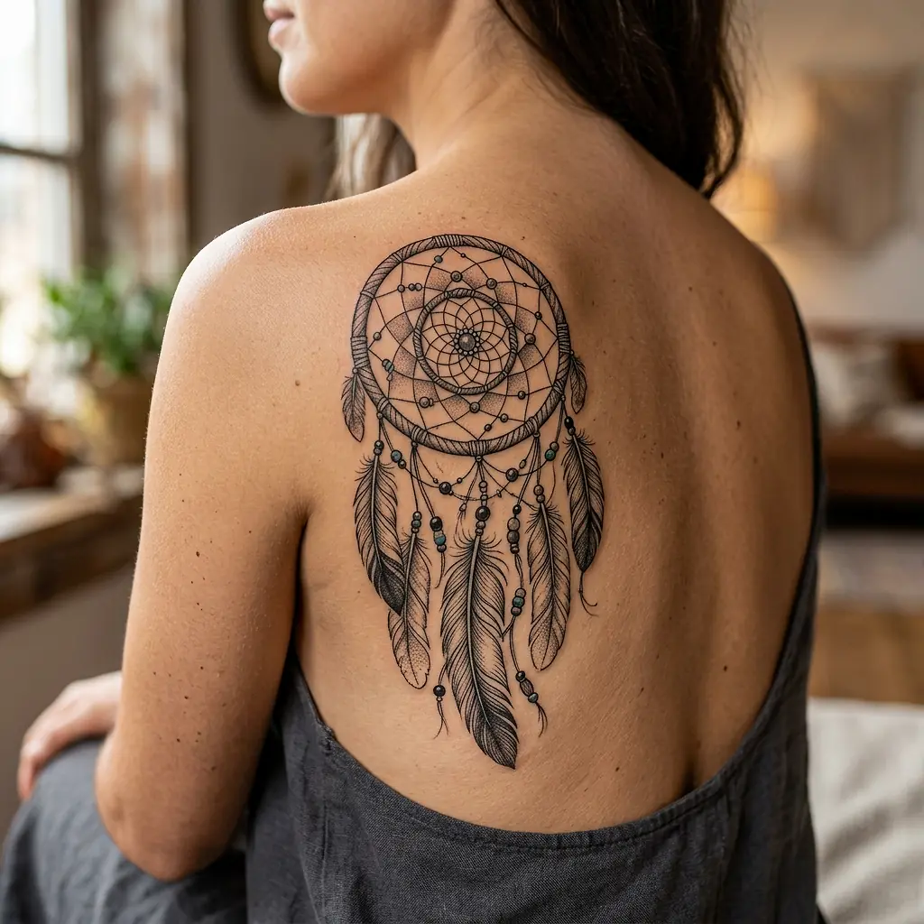 Delicate dreamcatcher tattoo with feathers on the shoulder blade