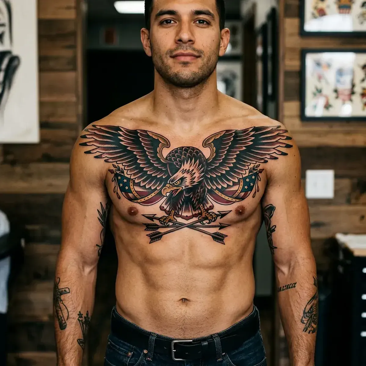 American Traditional eagle tattoo with spread wings across chest