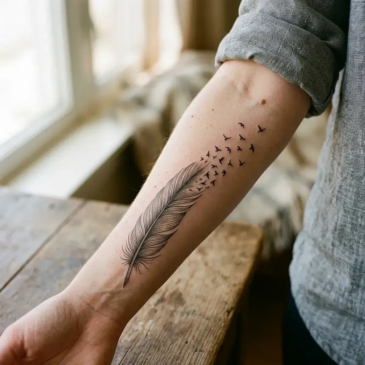 Fine-line feather dissolving into birds in flight tattoo