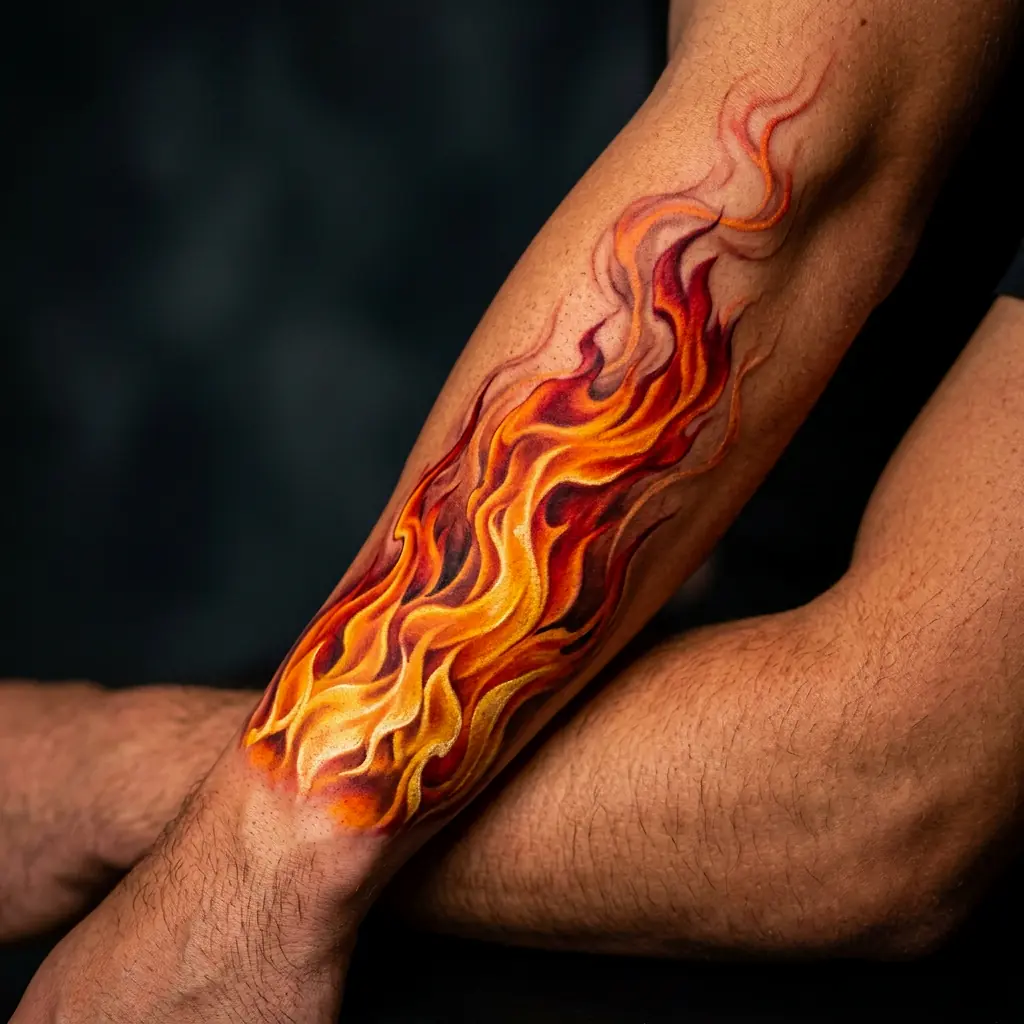 Realistic fire tattoo with orange and red gradient flames on forearm