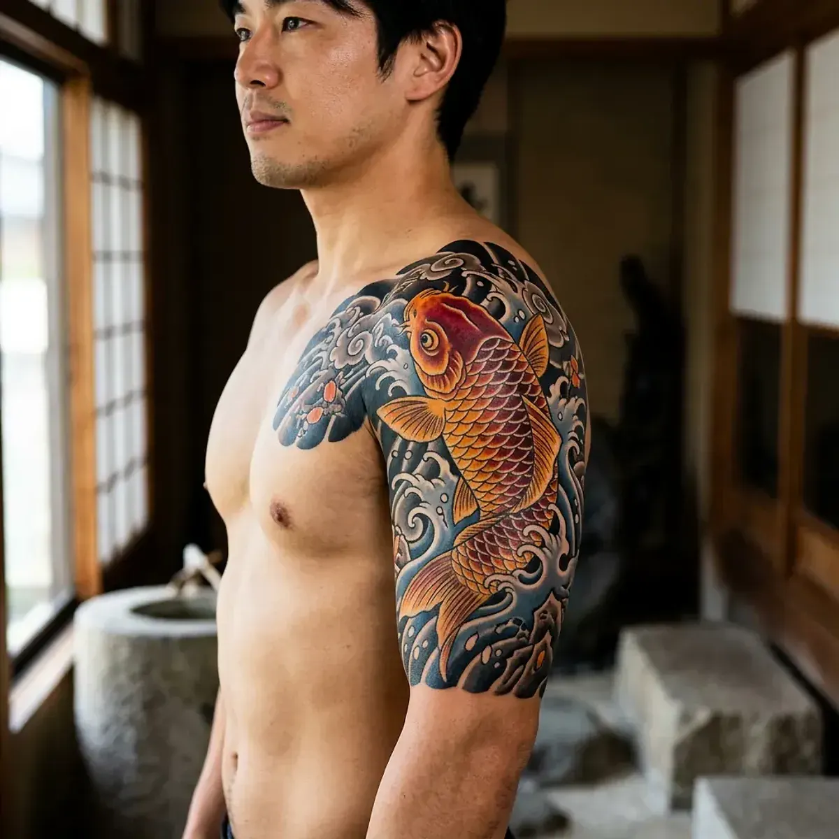 Japanese koi fish tattoo swimming upstream through waves