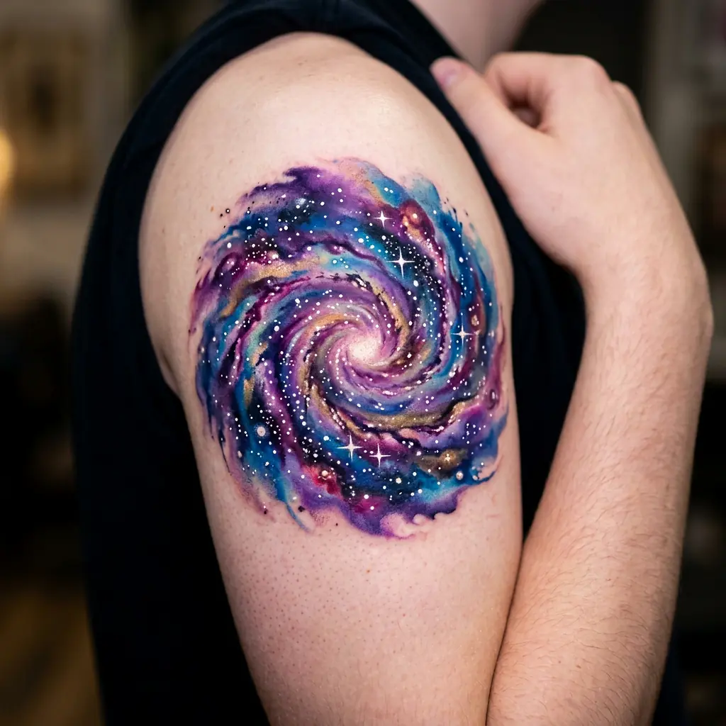 Galaxy tattoo with purple and blue spiral nebula on upper arm