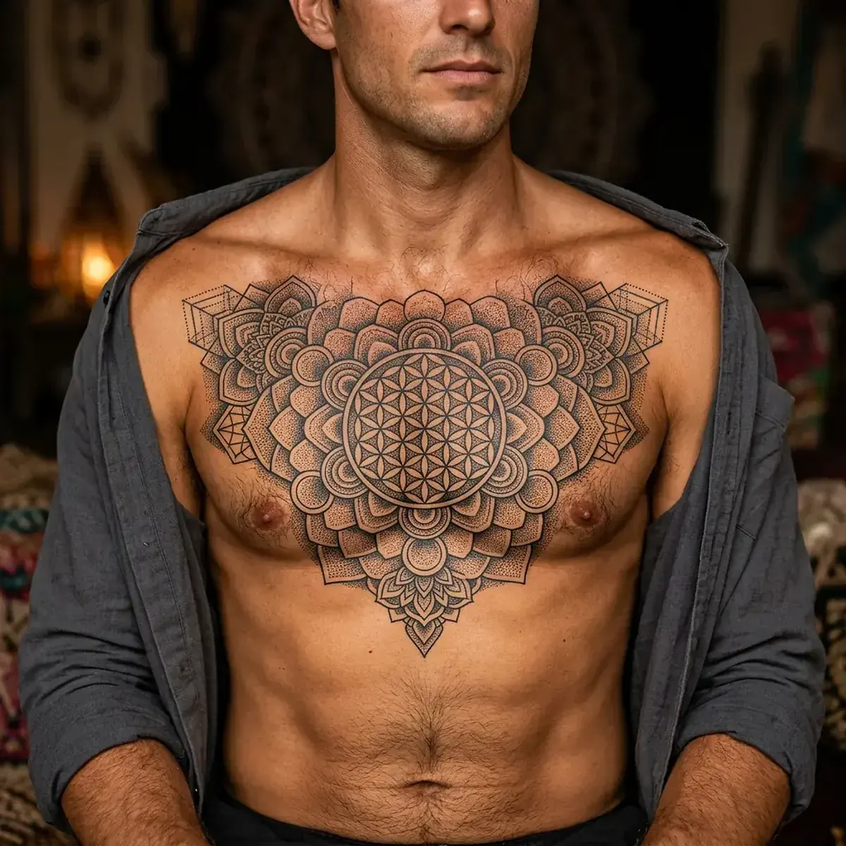 Sacred geometry Flower of Life dotwork tattoo on chest