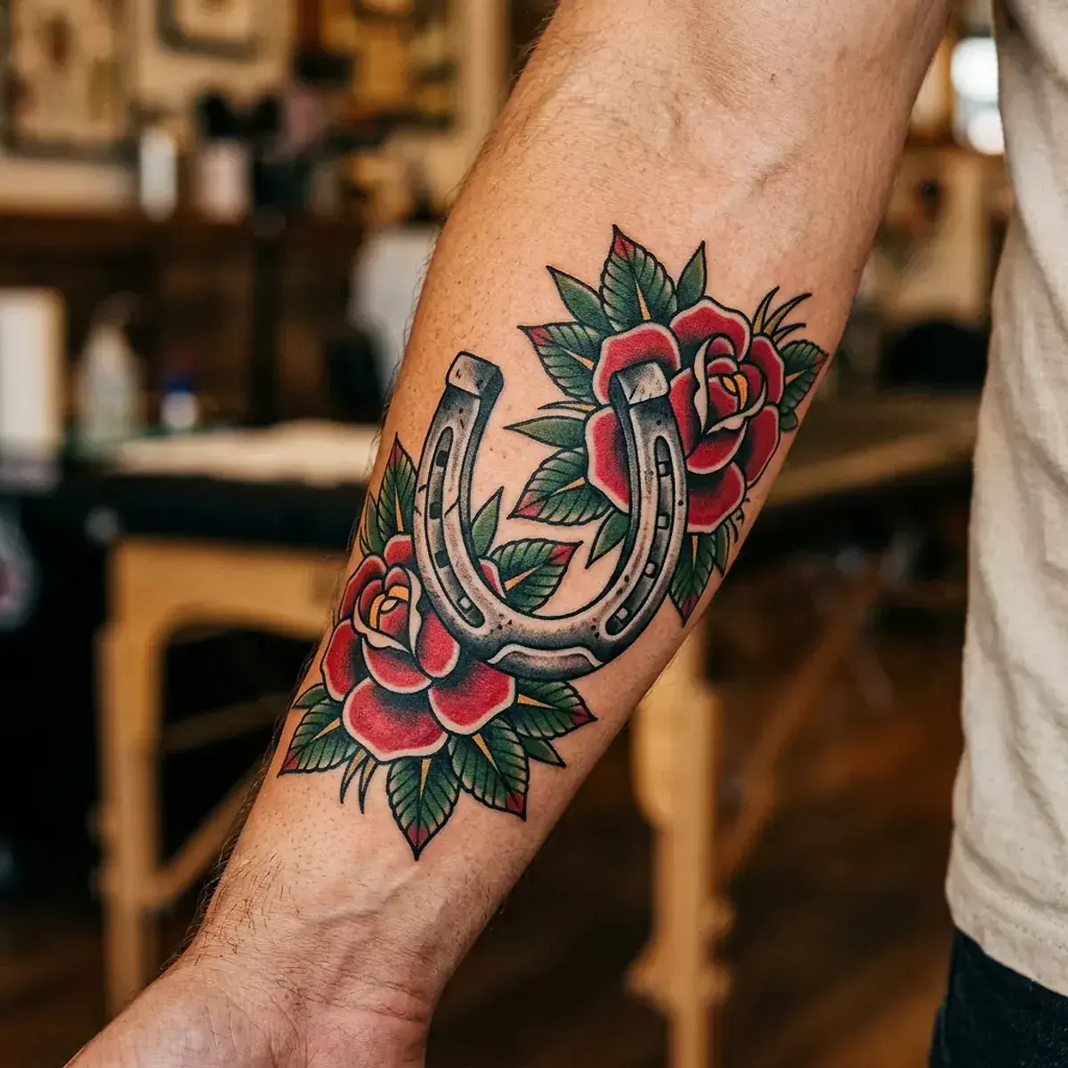 Traditional horseshoe tattoo with roses on inner forearm