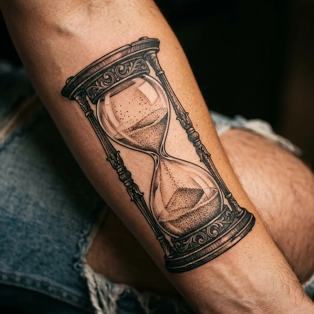 Neo-traditional hourglass tattoo with golden sand on forearm