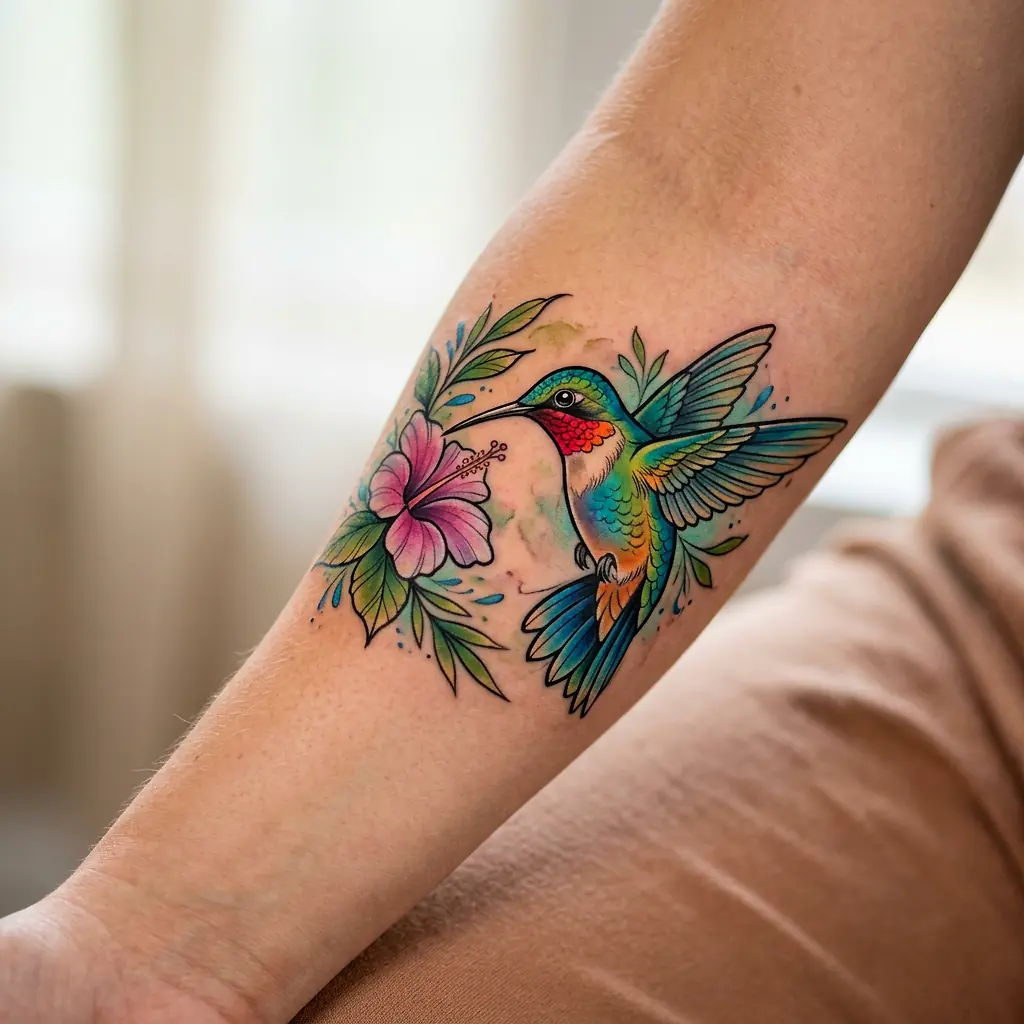 Iridescent hummingbird tattoo sipping nectar from a flower