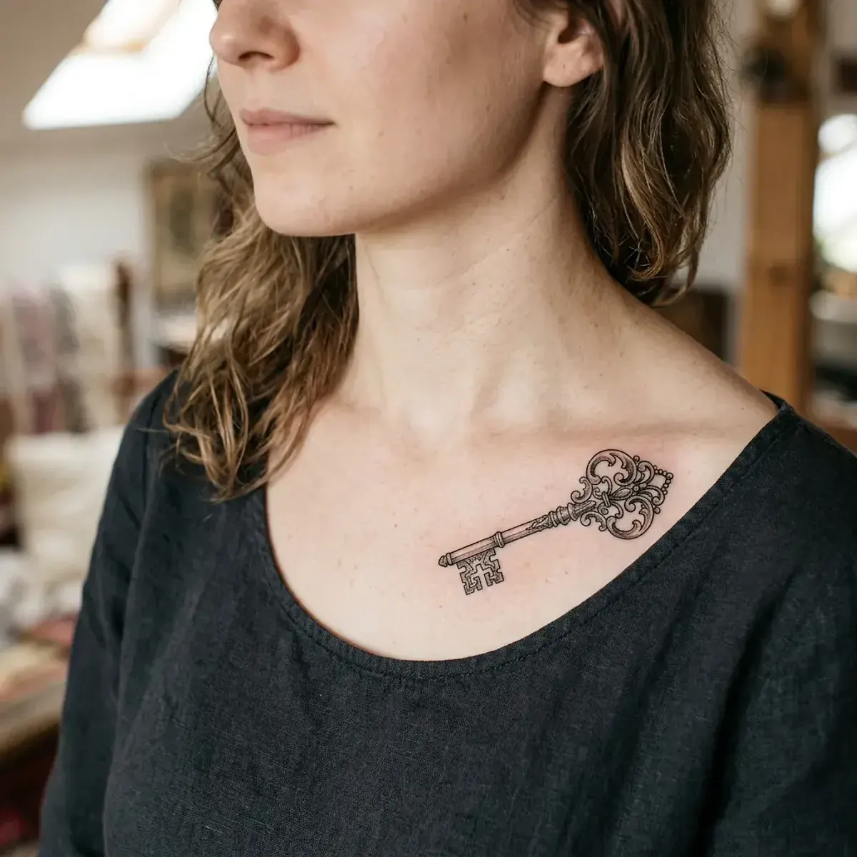 Ornate Victorian skeleton key tattoo on collarbone