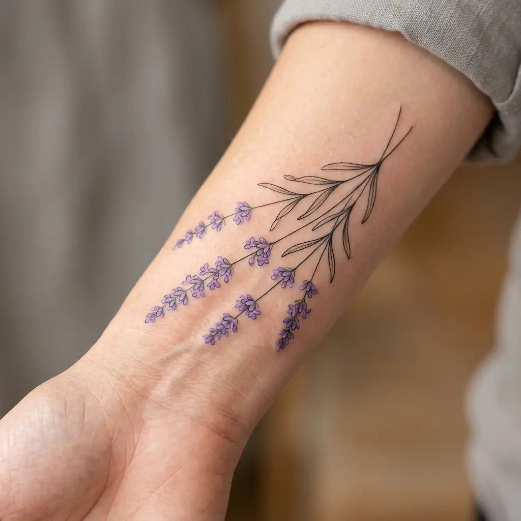 Fine line lavender sprig tattoo in purple on the wrist