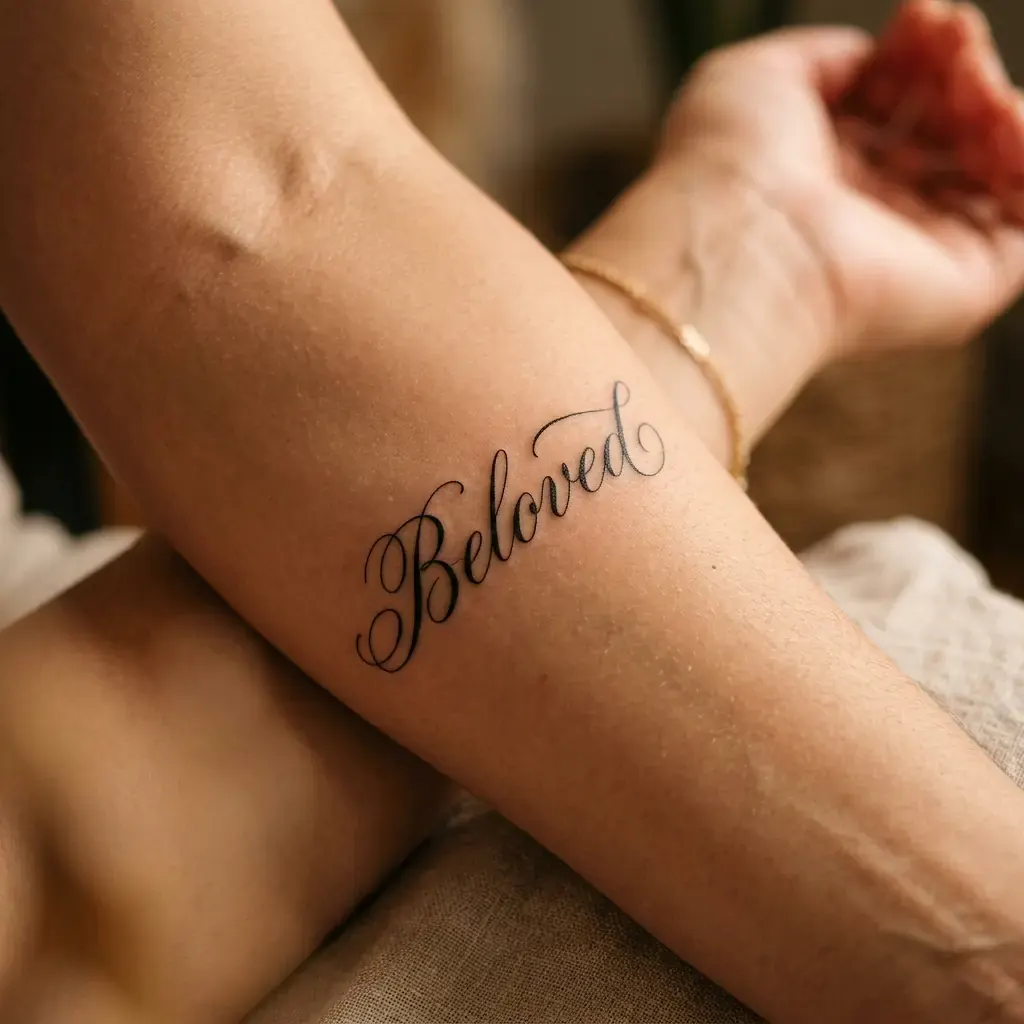 Elegant script lettering tattoo with fine serifs on forearm