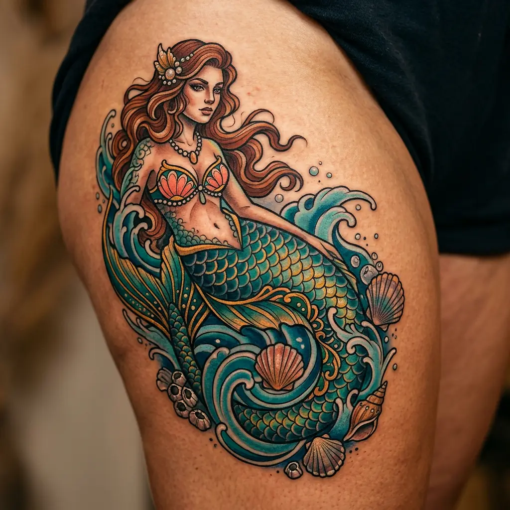 Neo-traditional mermaid tattoo with waves on the thigh