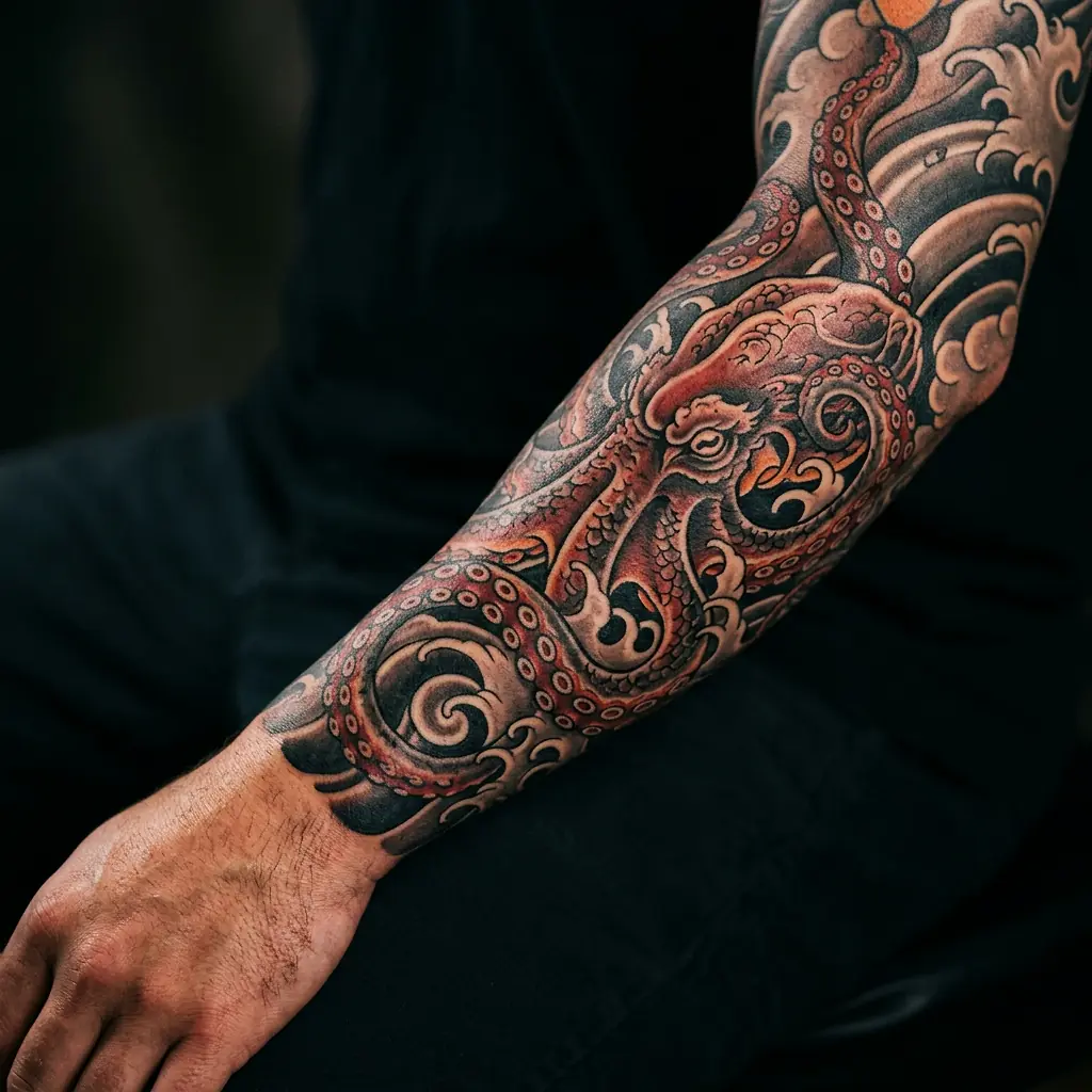 Japanese-style octopus tattoo with flowing tentacles on a full sleeve
