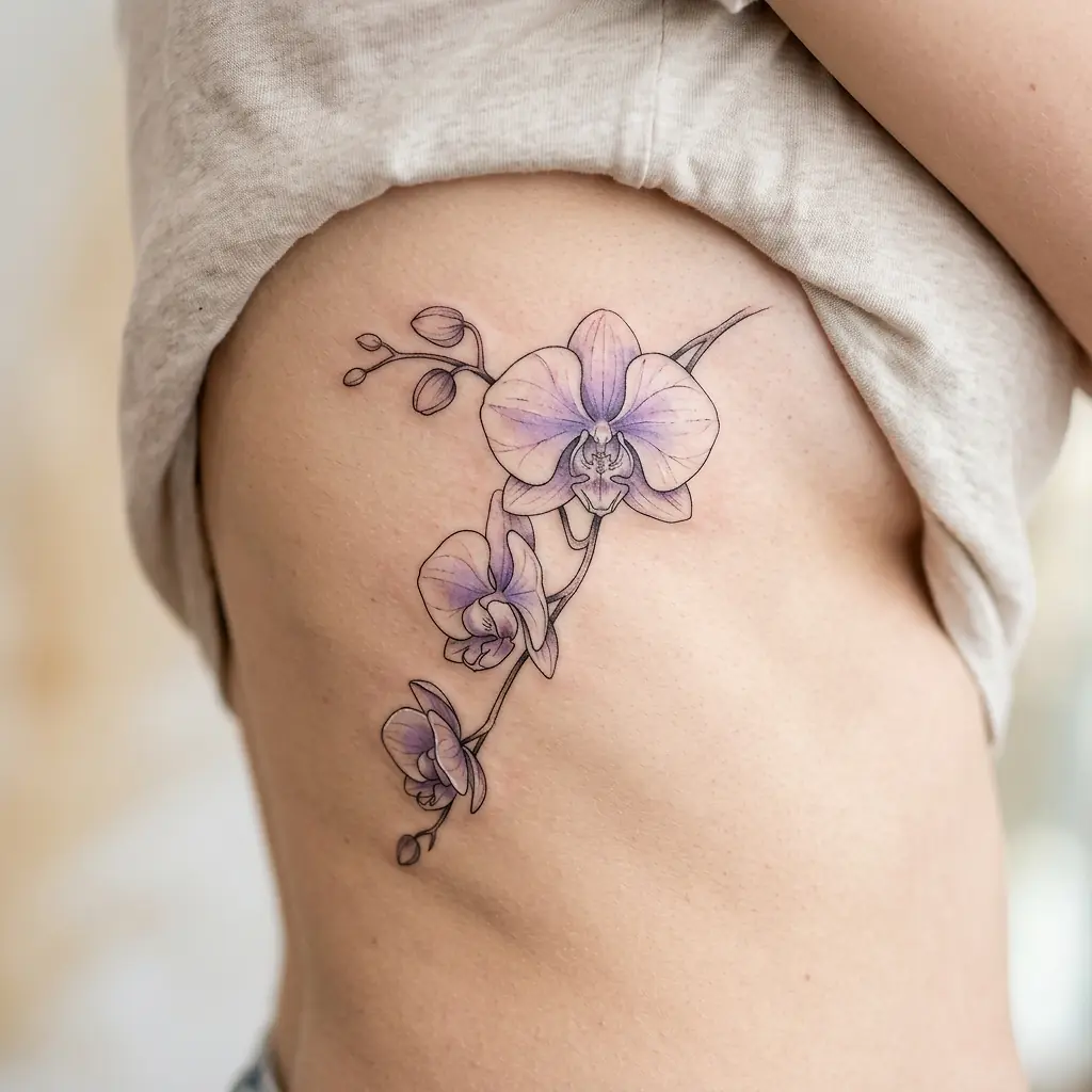 Fine line orchid tattoo with delicate petals on the forearm