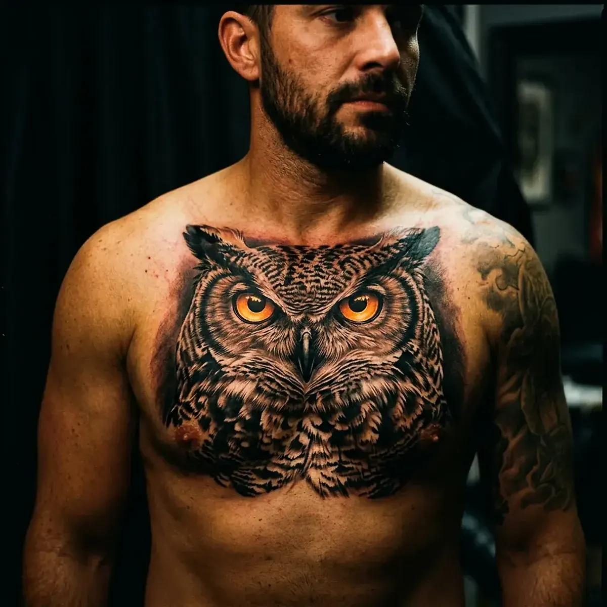 Great horned owl tattoo with piercing eyes on chest