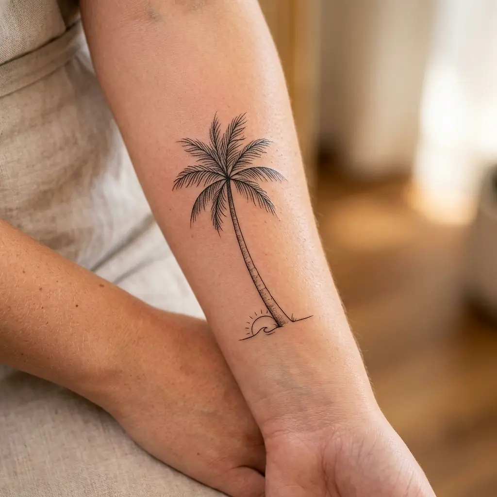 Fine-line palm tree silhouette tattoo with sunset on forearm