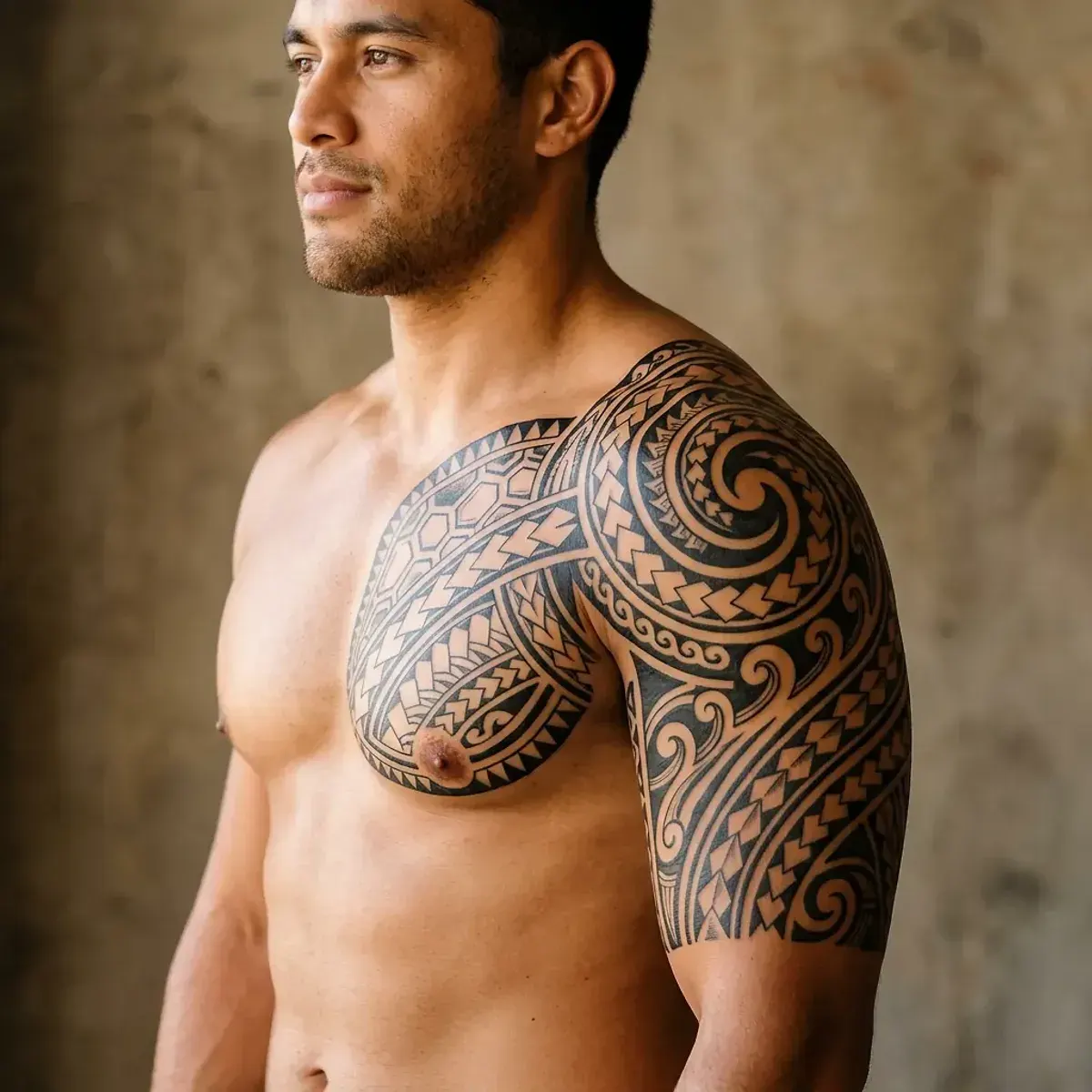 Authentic Polynesian tribal tattoo on shoulder and upper arm