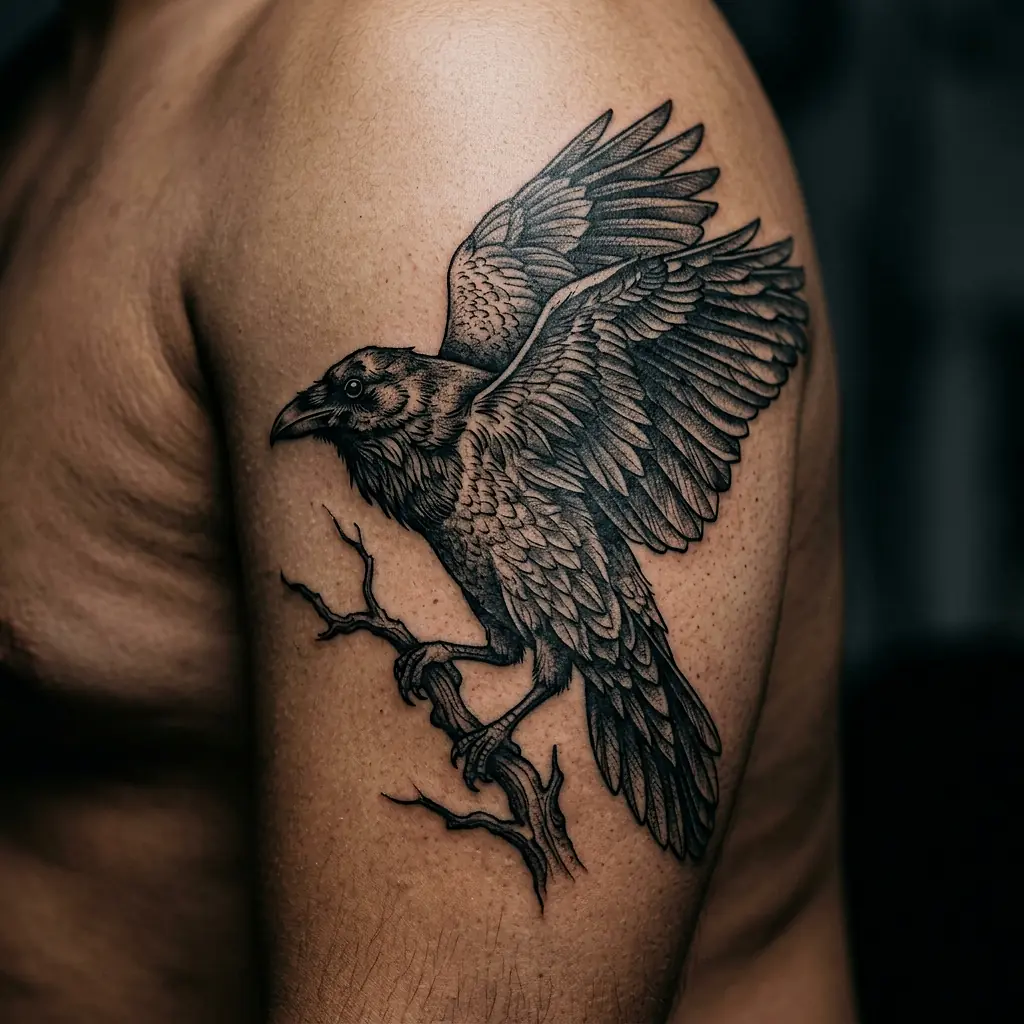 Blackwork raven tattoo with outstretched wings on the forearm