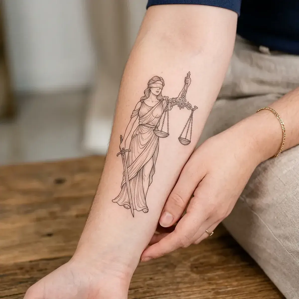 Fine-line Lady Justice scales tattoo on forearm