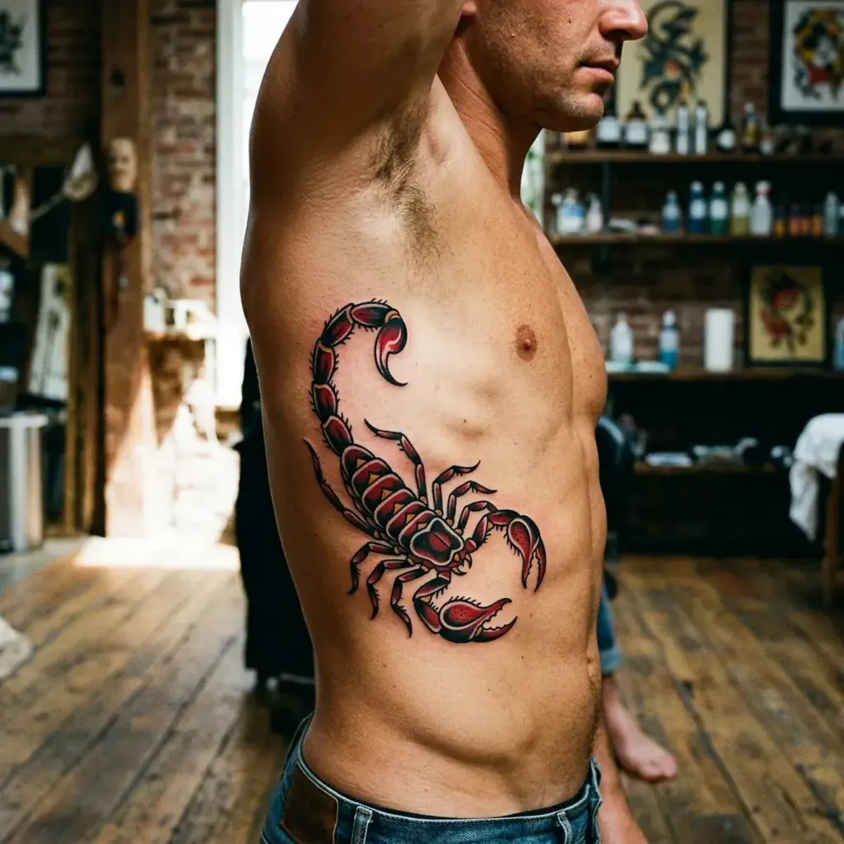 Traditional scorpion tattoo with raised stinger on ribcage