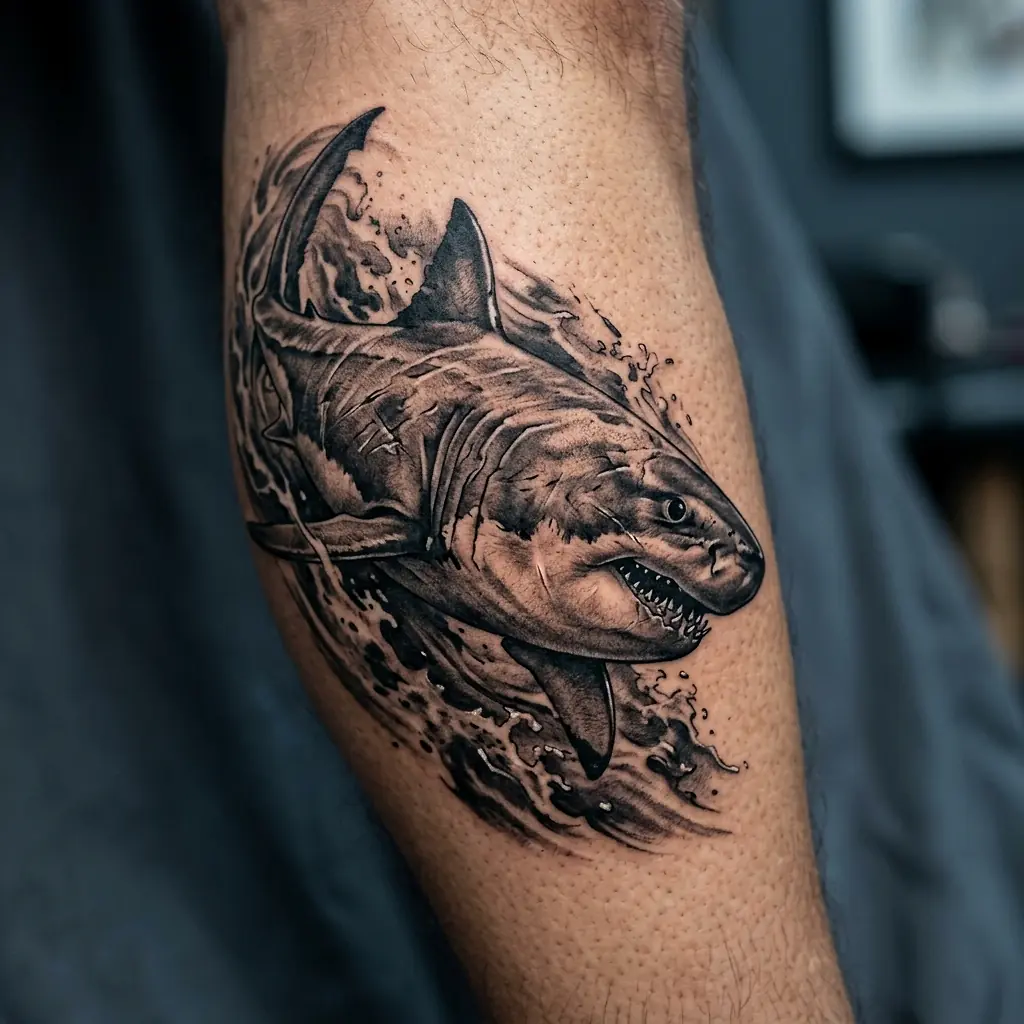 Realistic black and grey shark tattoo on the upper arm