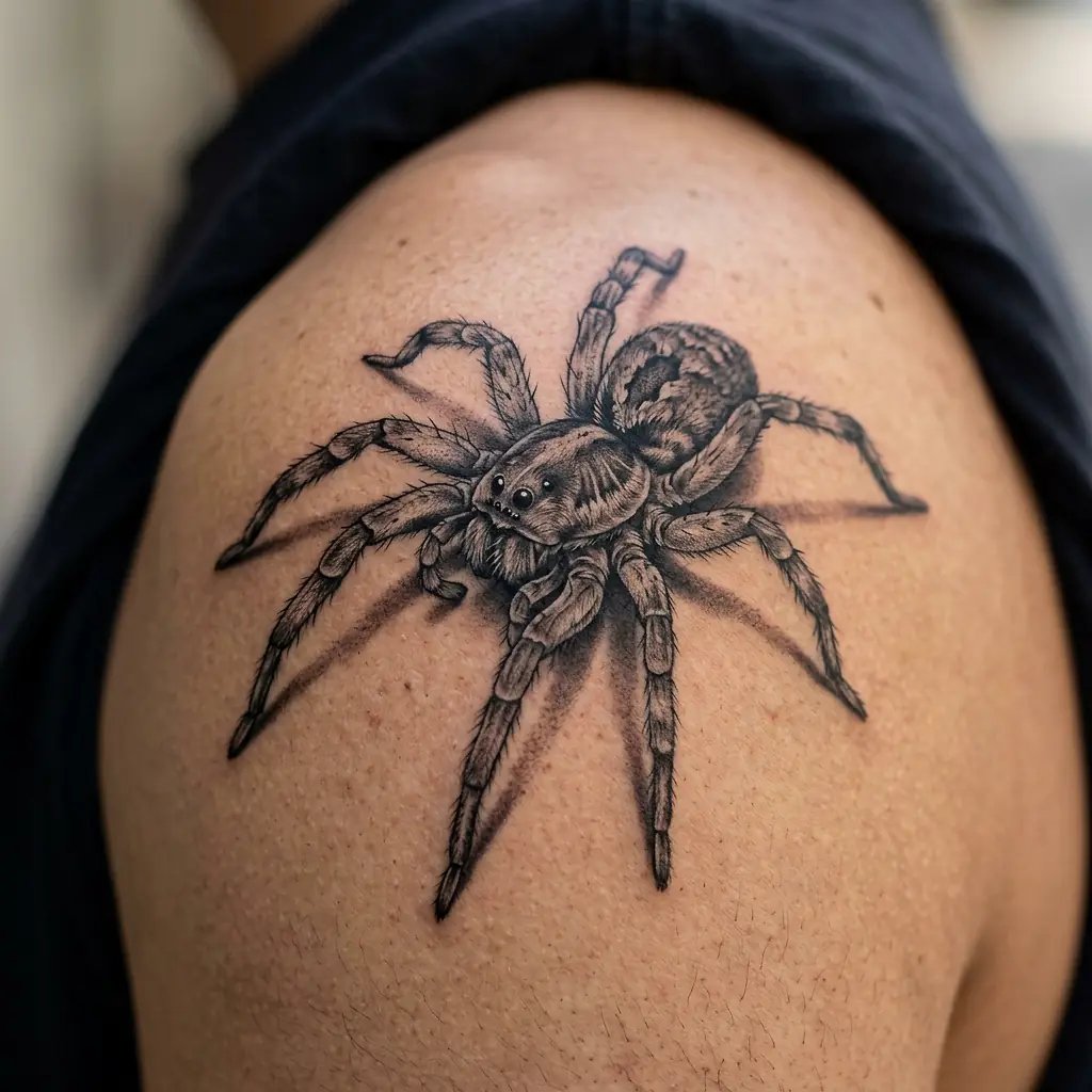 Realistic spider tattoo weaving its web on the shoulder