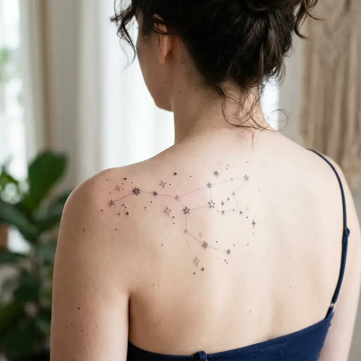 Constellation star cluster tattoo scattered across shoulder blade