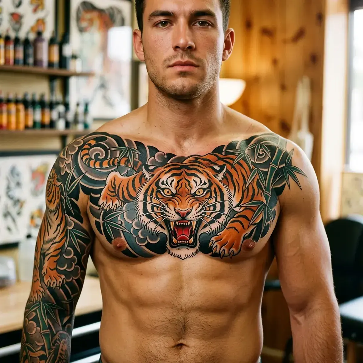 Japanese irezumi tiger tattoo with fierce expression on chest