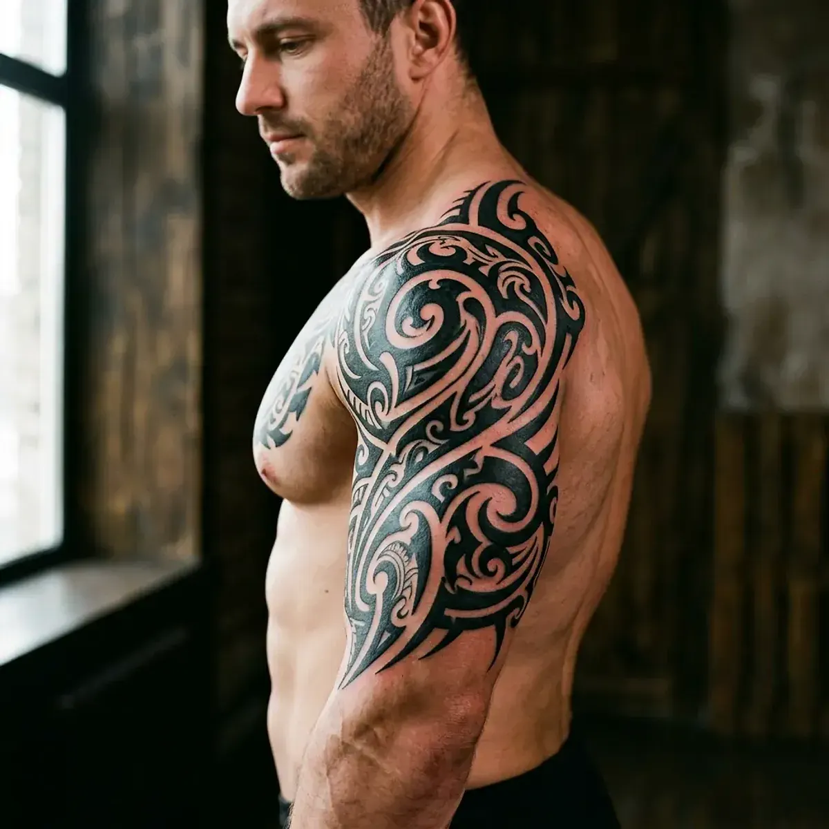 Bold solid blackwork tribal tattoo wrapping shoulder and arm