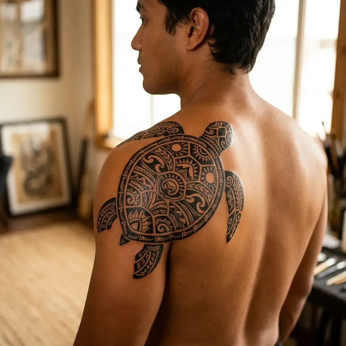 Polynesian sea turtle tattoo with geometric shell patterns