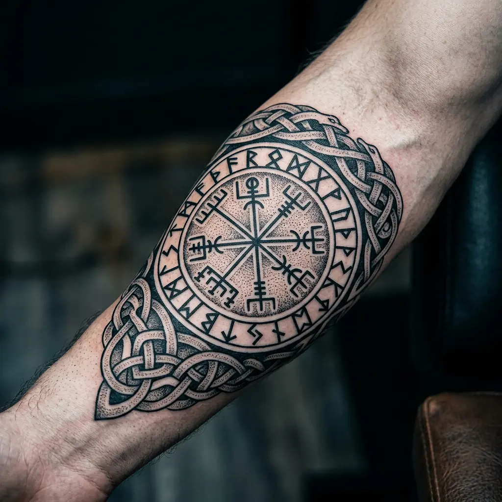 Viking tattoo with Norse knotwork and runic symbols on forearm