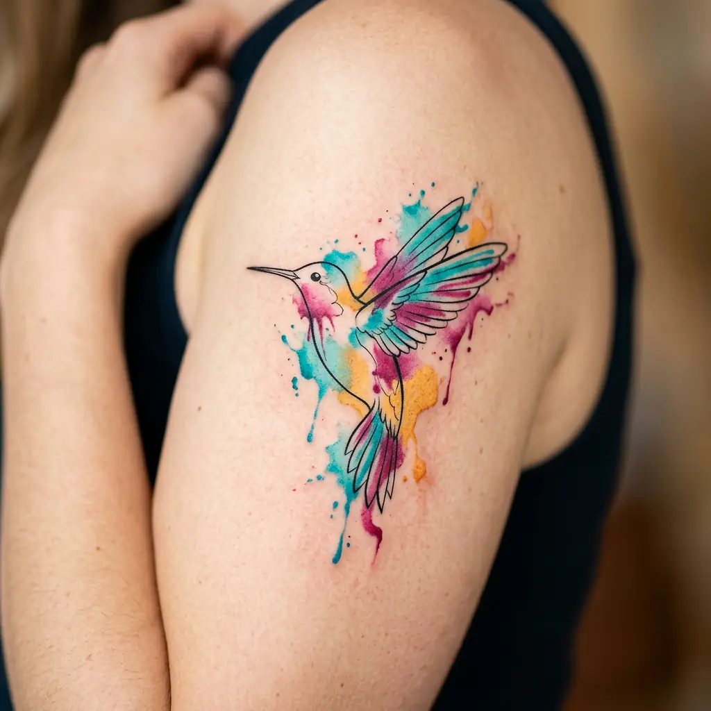 Watercolor tattoo with vibrant color splashes and floral motif on arm