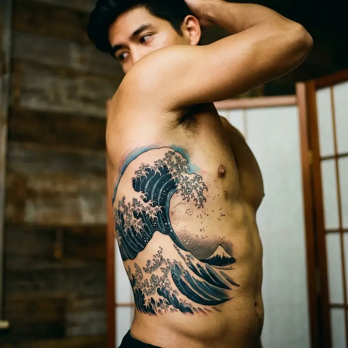 Japanese great wave tattoo inspired by Hokusai on ribcage