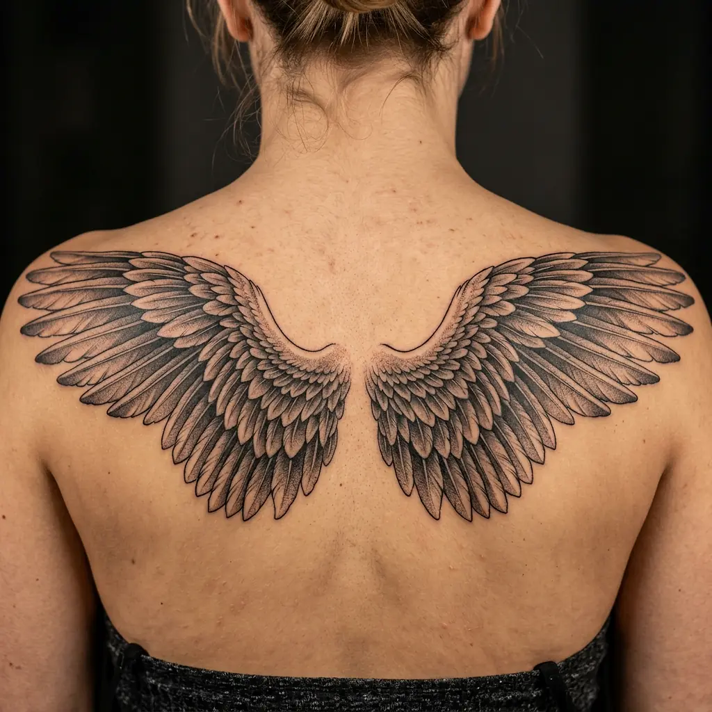 Pair of outstretched wings tattoo in black and grey on the back