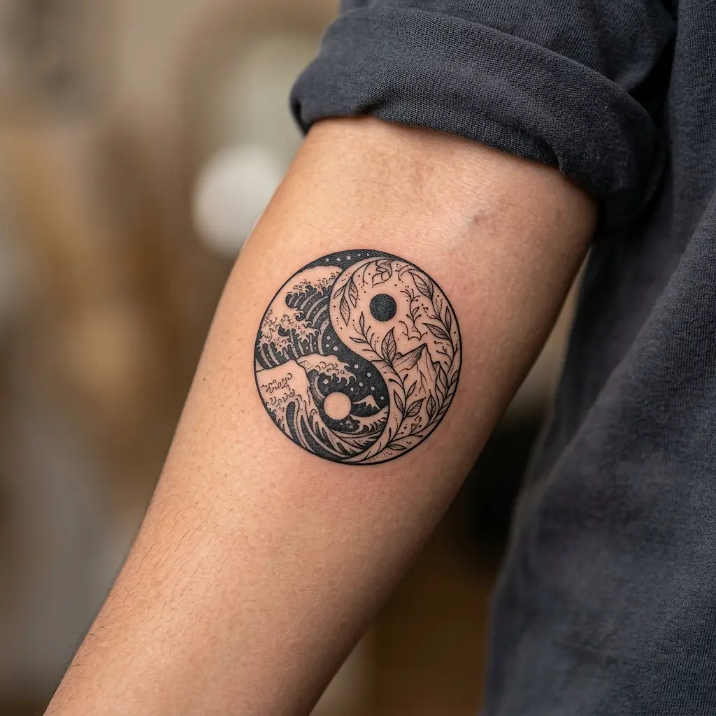 Stylized yin yang tattoo with natural elements on the arm